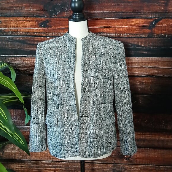 NWT Anne Klein 12 Blazer Jacket Open Front Cropped Sleeves Ballet Tweed Weave - Picture 2 of 12